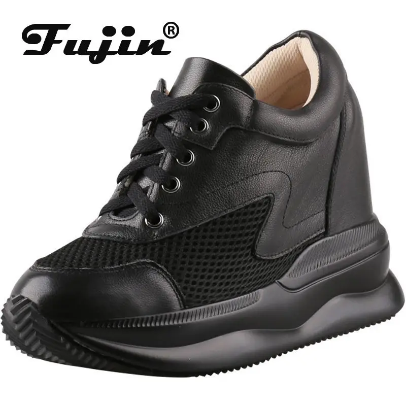 

Fujin 11cm Air Mesh Genuine Leather Platform Wedge Chunky Sneakers Women Super Hidden Heel Autumn Fashion Spring Ladies Shoes