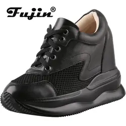 Fujin 11cm Air Mesh vera pelle piattaforma zeppa Chunky Sneakers donna Super nascosto tacco autunno moda primavera scarpe da donna