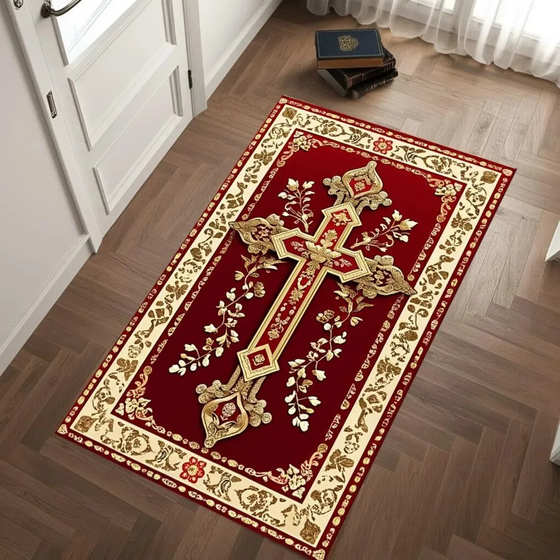 Non-slip Orthodox Church Red Gold Cross Prayer Rug for Home Worship Decor