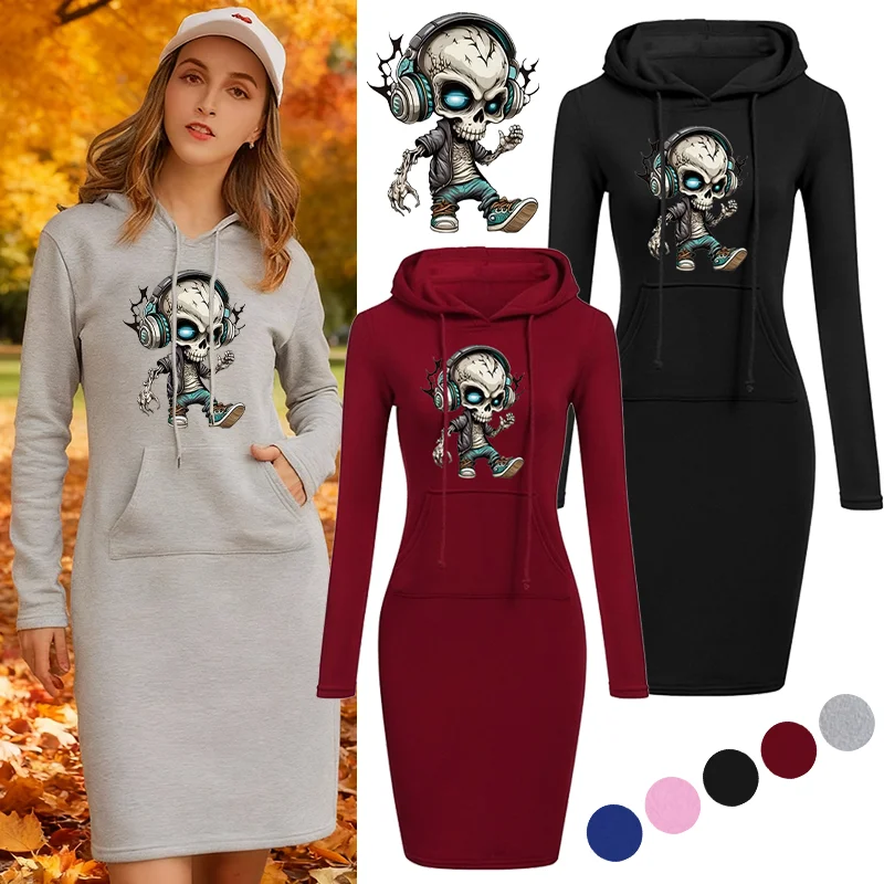 فستان كاجوال بغطاء للرأس بطباعة جمجمة كرتونية إبداعية، فستان هاراجوكو مريح للخريف والشتاء للنساء