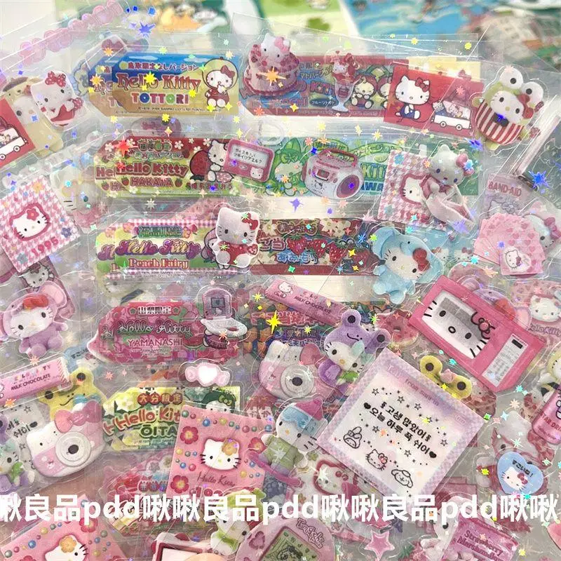

Sanrio Hellokitty Double Transparent Stickers Cartoon Cute Glitter Film Stickers Hand Account Collage Water Cup Decoration Gifts