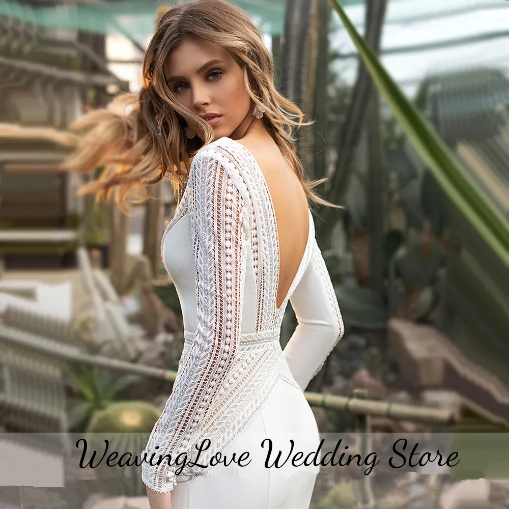 Vestido De novia bohemio De manga larga, traje De boda De sirena, sencillo, De satén, con cuello en V, Espalda descubierta, talla grande, personalizado