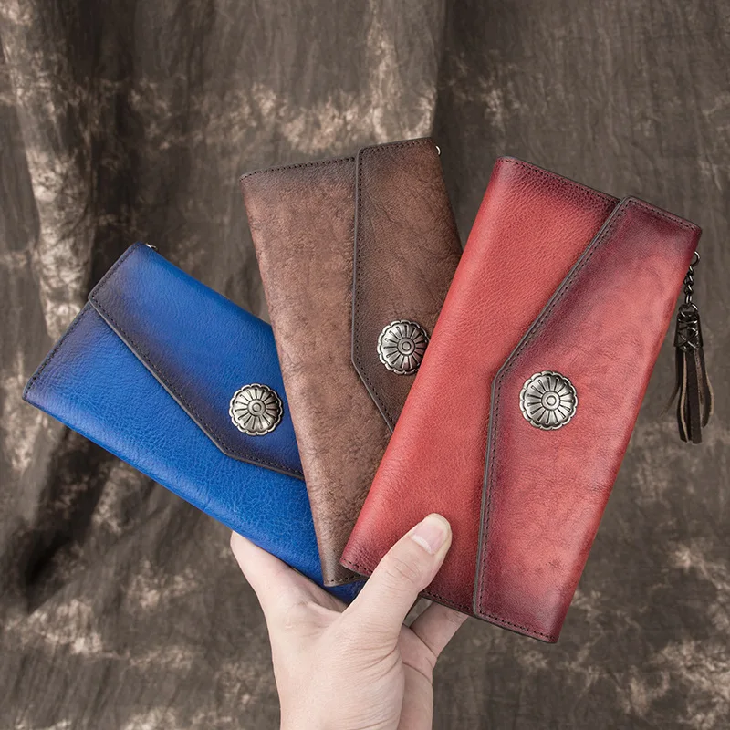 

New women's handmade wallet, first layer cowhide retro leather wallet, long style, fashionable, simple and versatile, casual tre