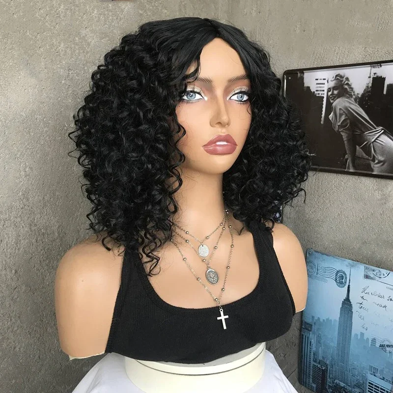 Short Bob Style Deep Wave Wig For Women Synthetic Hair Full Machine Made Wig Black Color 180% Density Full End