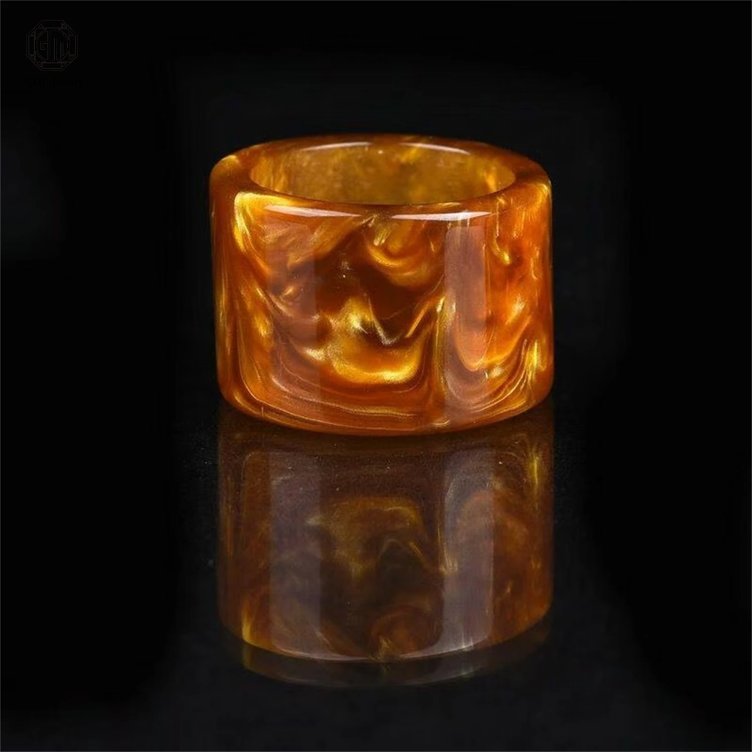 Natural Golden Silk Black Coral Thumb Ring Men Chunky Statement Band Unique Marine Gemstone Jewelry Gift