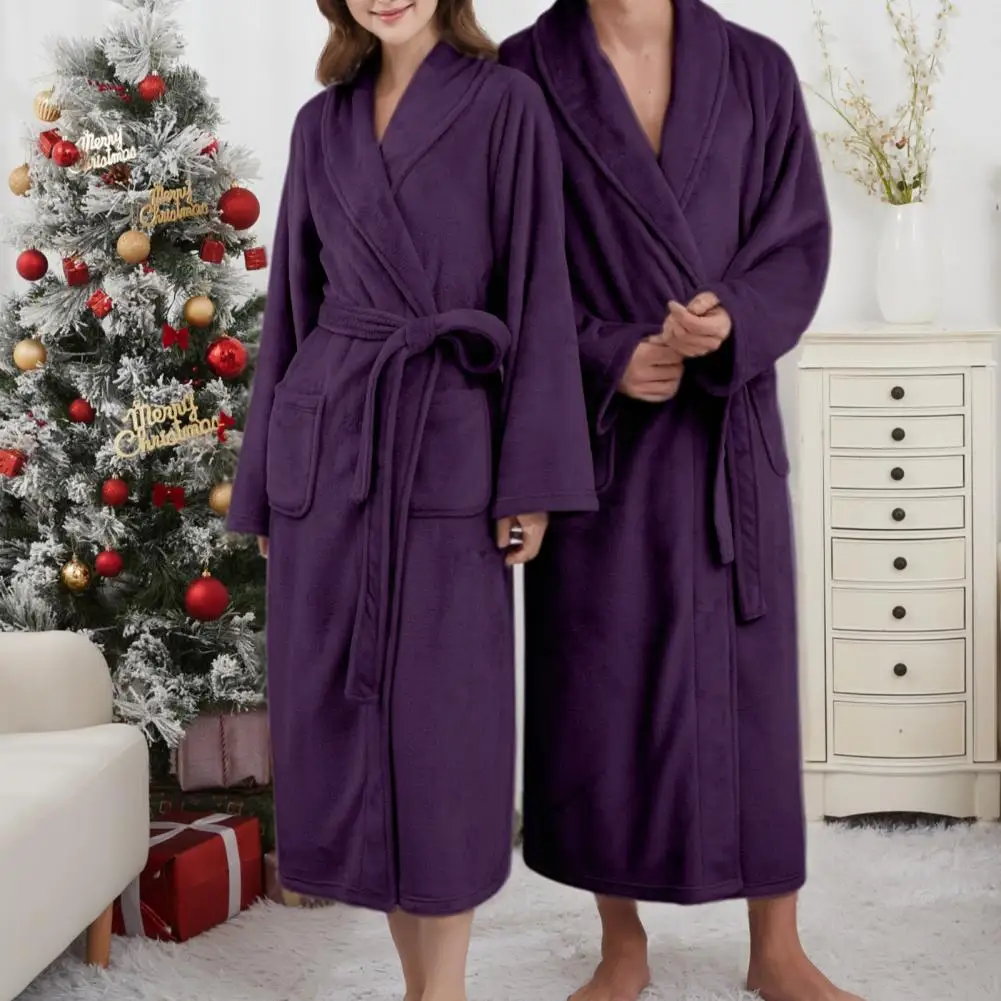 Soft Bathrobe Couple Matching Bathrobes Flannel Bathrobe for Couples with Lapel Collar Long Sleeve Soft Loungewear Robe