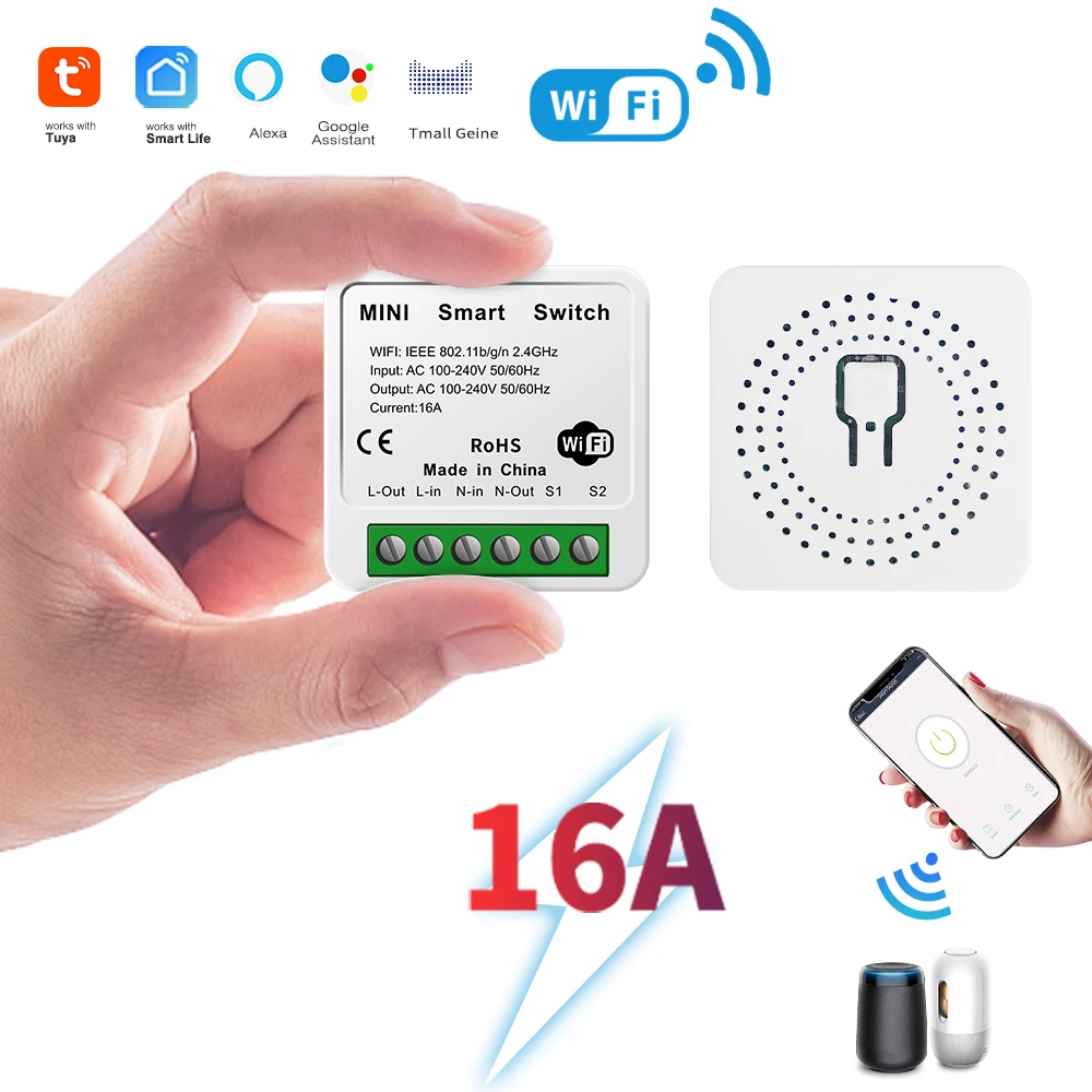 

Модуль умного переключателя Tuya 16A Wi-Fi, двухстороннее управление, мини-выключатель, умная жизнь, работает с Alexa Google Alice