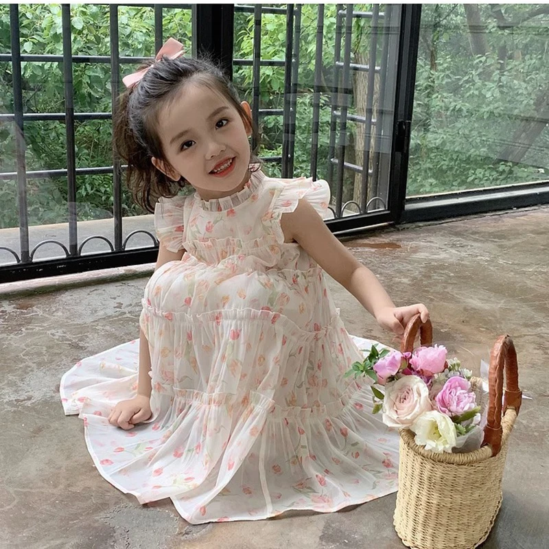 2-8 Years New Summer Princess Girls Dress Full Print Little Flower Lightweight And Comfortable Design Party Dress For Kids