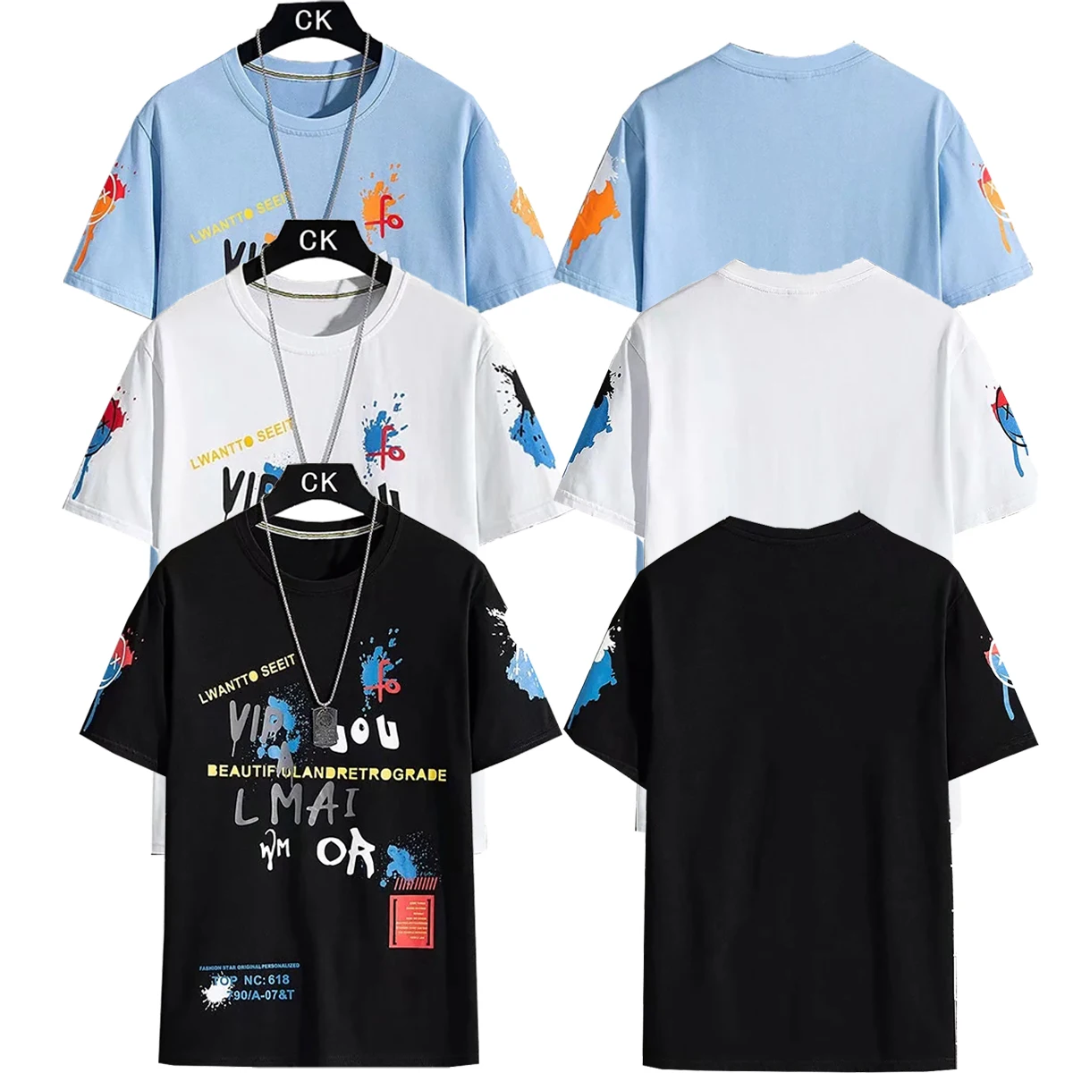 

Men's New Letter T-shirt Round Neck Short Sleeved Student Clothing Trend Spring Summer Loose Couple's Clothing