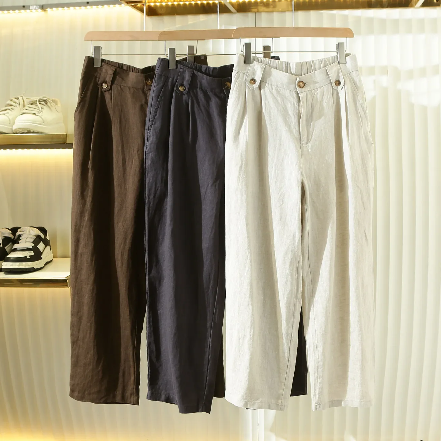 Natural antibacterial 100/linen, Italian high-end men's thin breathable loose straight casual trousers