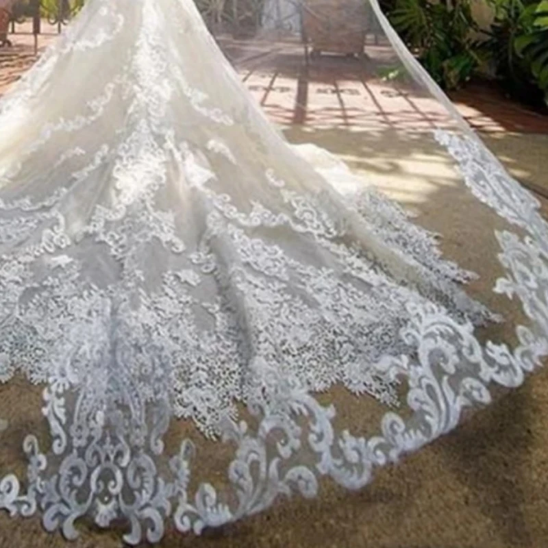 Uma camada branco marfim 4m catedral longo véu de casamento macio véu nupcial rendas apliques borda acessórios do casamento velo novia