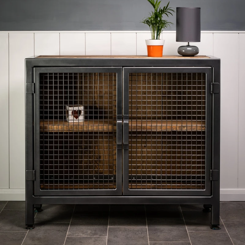 Industrial wrought iron solid wood sideboard storage cabinet multi-functional, simple and economical retro all-iron wine cabinet