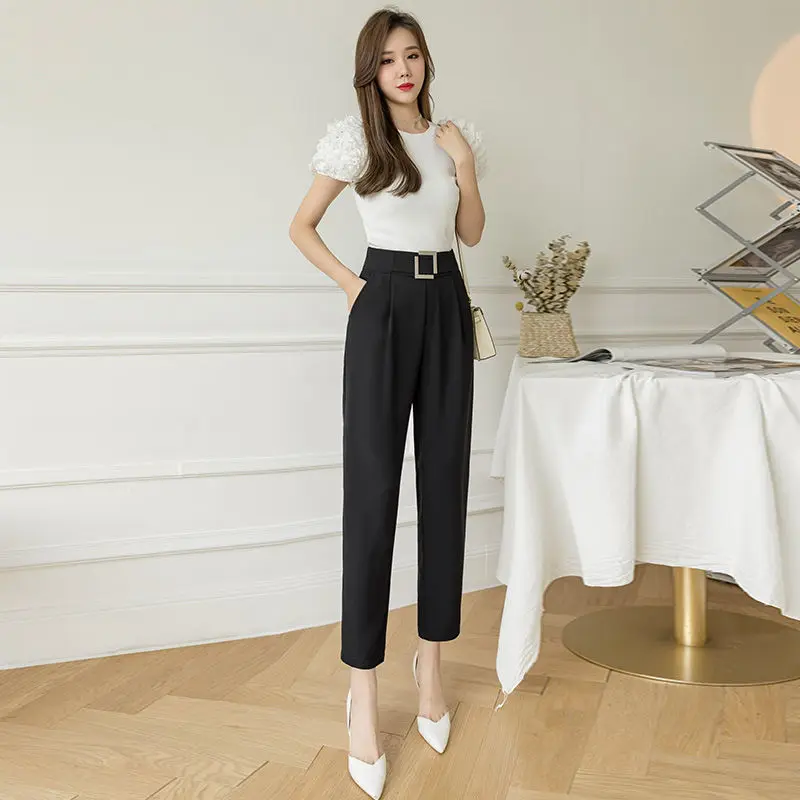 Pants For Women Korean Plain Aesthetic Fashion Cigarette Pants Black Straight Casual High Waist Trendy Loose Suit Chiffon Thin