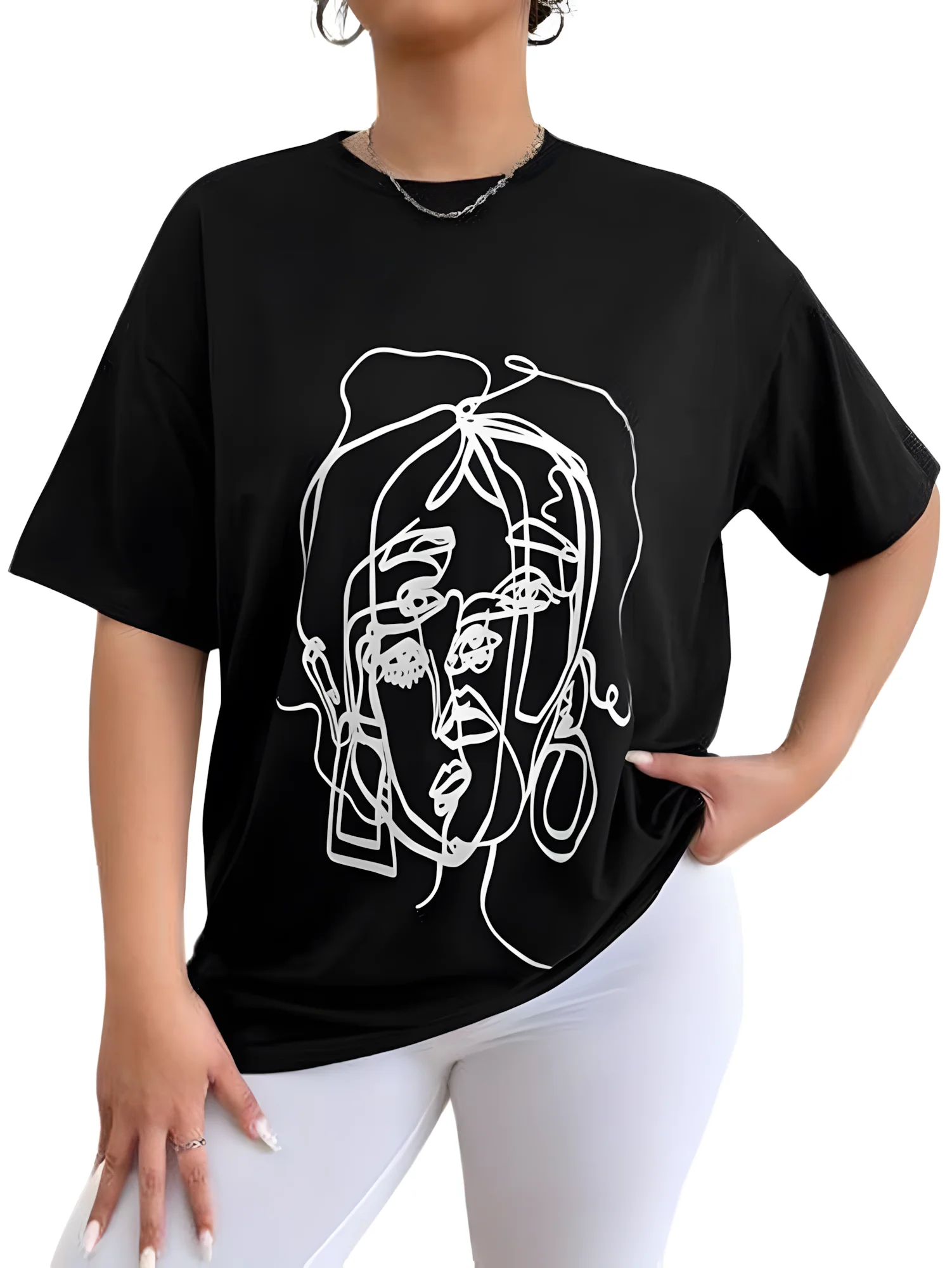 

Women's Plus Size Loose T - shirt with Abstract Line Art Face Print Short Sleeve Round Neck Casual Oversized Top for Summer