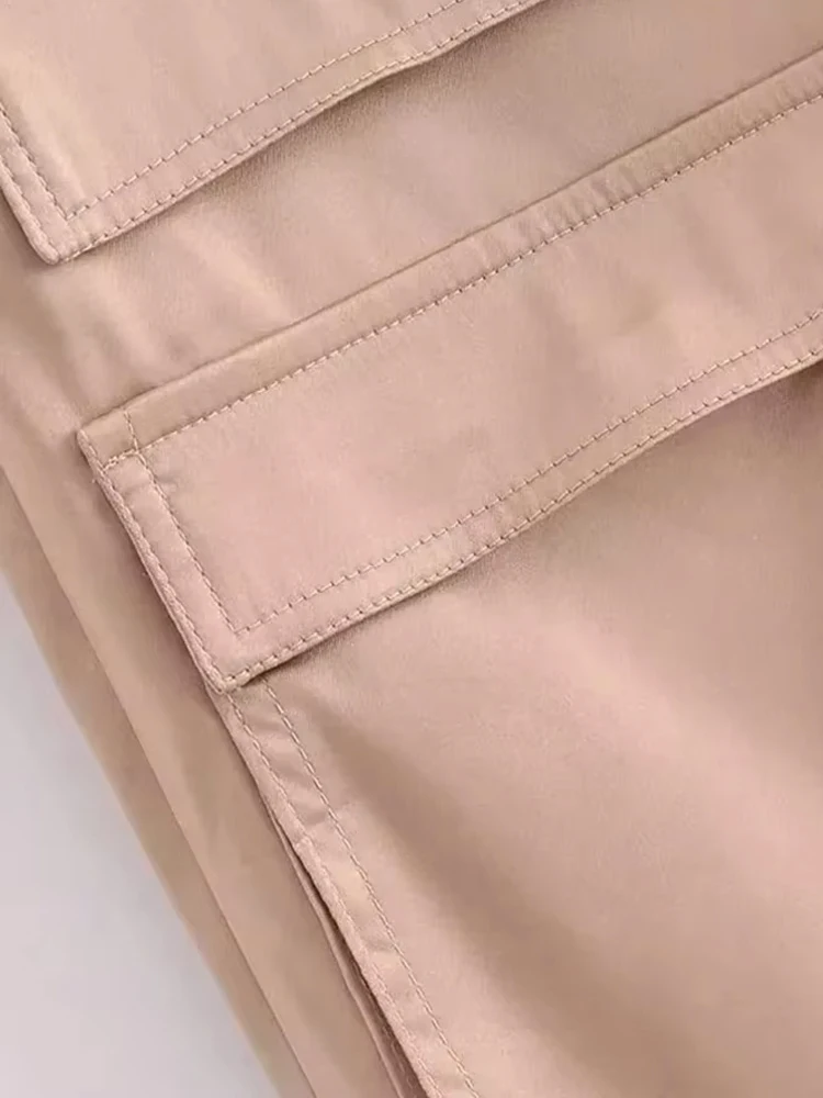 TRZA Women Fashion With Pockets Satin Cargo Pants Vintage High Waist Zipper Fly Female Trousers Mujer image 6