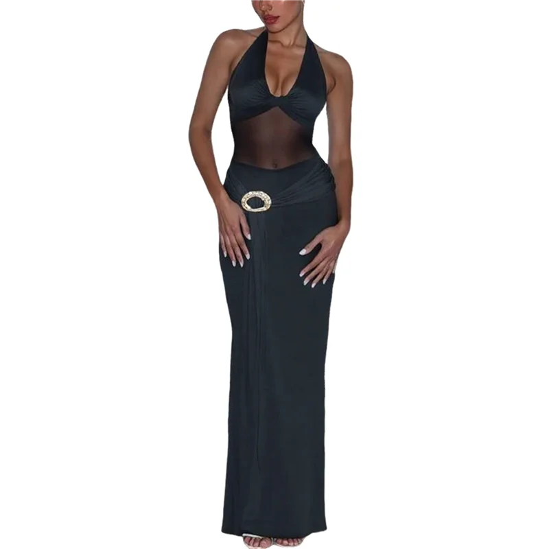 FLASH DEALWomen's Mesh Splicing Open Back Slim Maxi Dress Halter Neck Strap Dress Formal Cocktail Dress