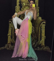 Colorful Rhinestones Bodysuit Leggings Costume Female Singer Stage Wear Mash Skirt Dance WEAR Party Stretch Jumpsuit Outfit