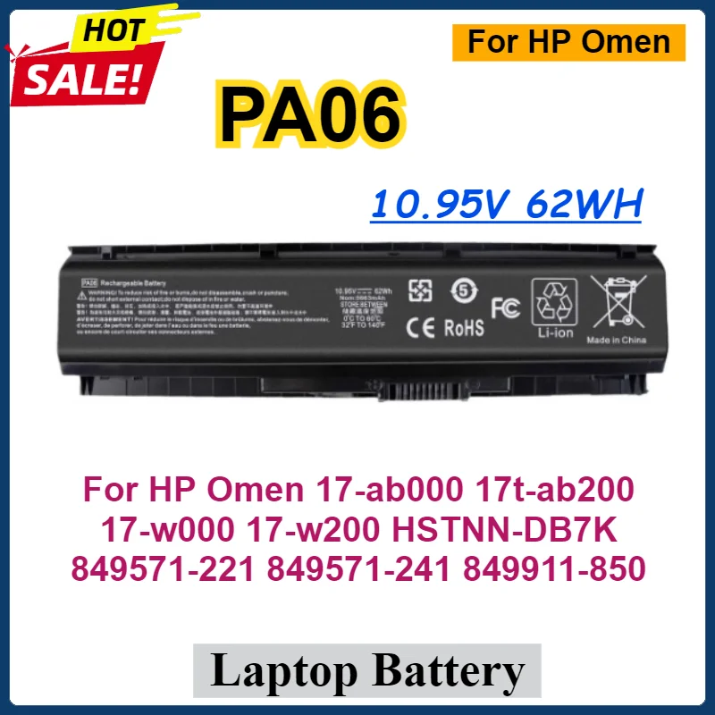 

62WH PA06 Laptop Battery For HP Omen 17-ab000 17t-ab200 17-w000 17-w200 HSTNN-DB7K 849571-221 849571-241 849911-850 Batteries