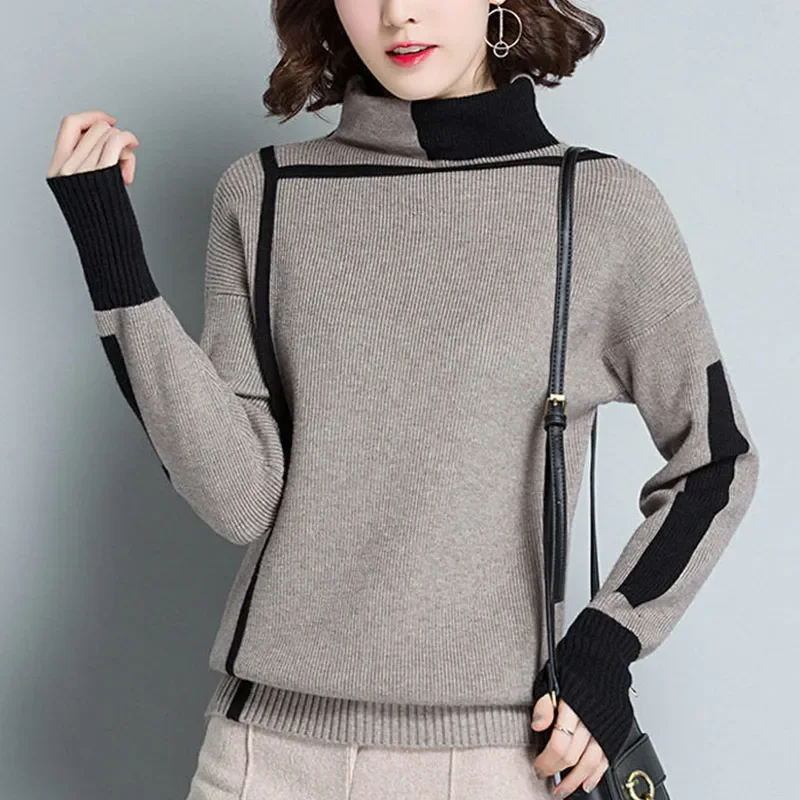 

Vintage Women Turtleneck Knitted Sweater Pullovers Autumn Korean Fashion Cootrast Color Loose Casual Long Sleeve Warm Top N58