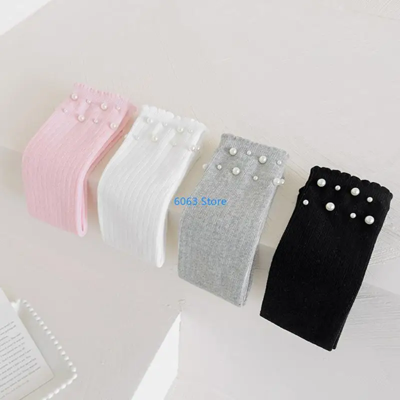 

Sweet Children's Long Tube Socks Pearls Decoration High Tube Socks Solid Color Comfortable Wear for Daily Parties