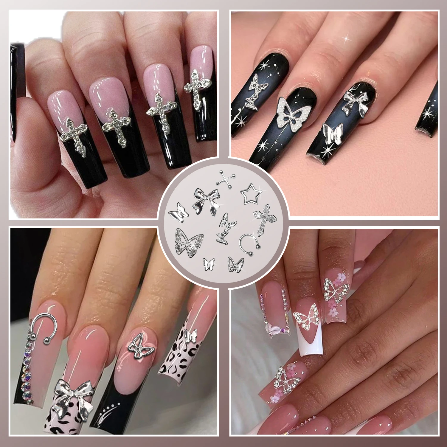 Diamantes para uñas Ebanku, 100 diamantes decorativos para decoración de uñas de plata Y2K, lazo de mariposa, estrella, cruz, palo para uñas, gema acrílica 3D para uñas, diseño DIY (10 estilos)