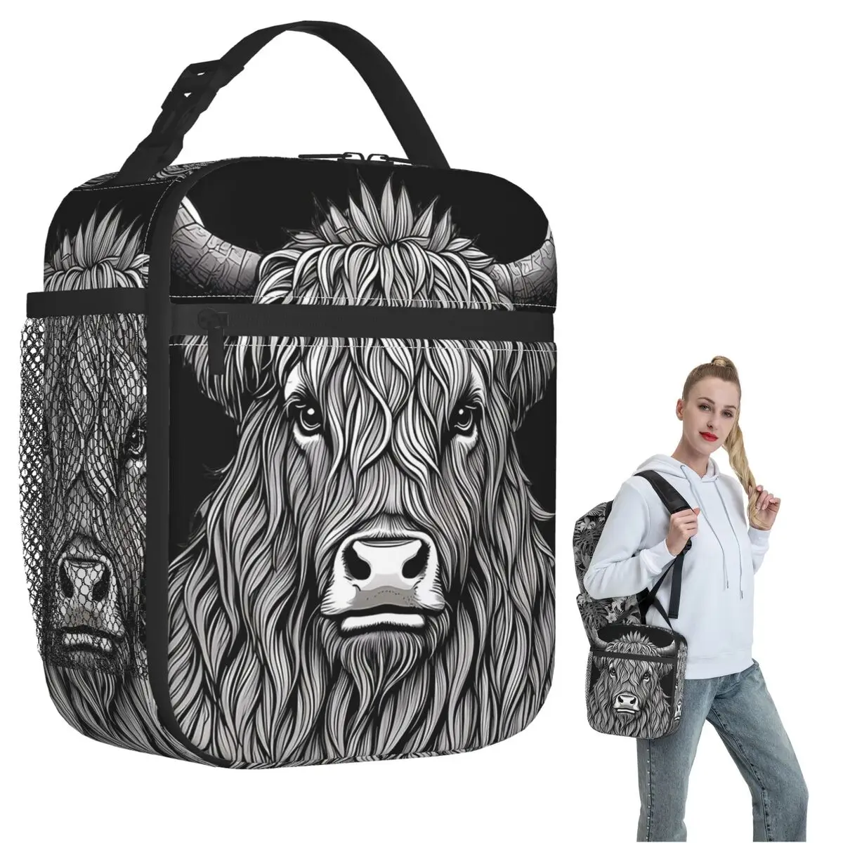 

Grey Highland Yak Pattern Insulated Lunch Bag for Women Children Portable Food Boxes Thermal Lunch Box Tote