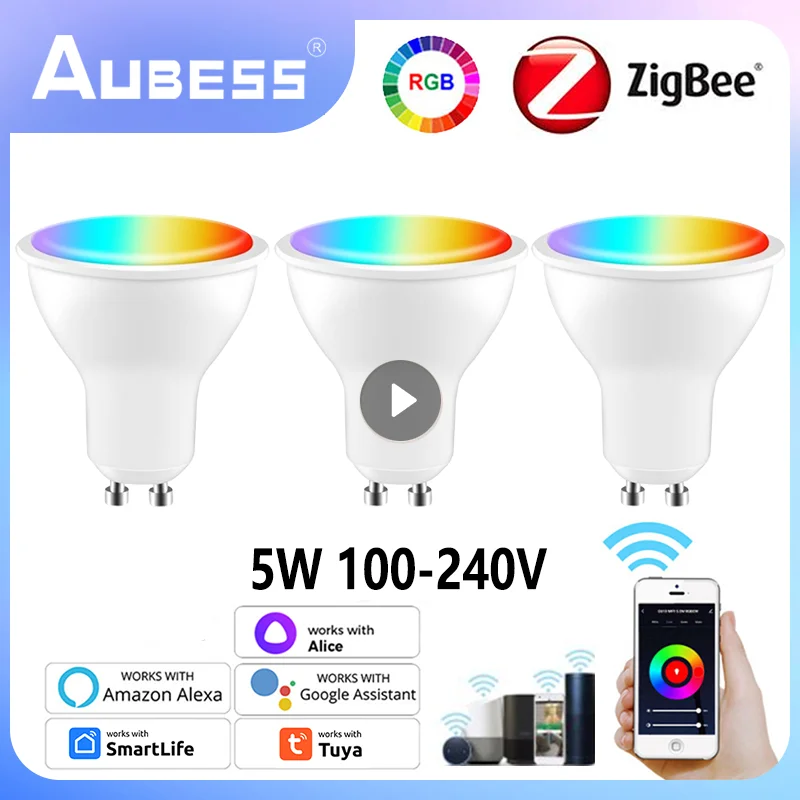 

Zigbee Tuya Smart LED Light Bulb GU10 5W RGB Dimmable Lamp RGBCW Lights Remote Control Work With Alexa Google Home Alice