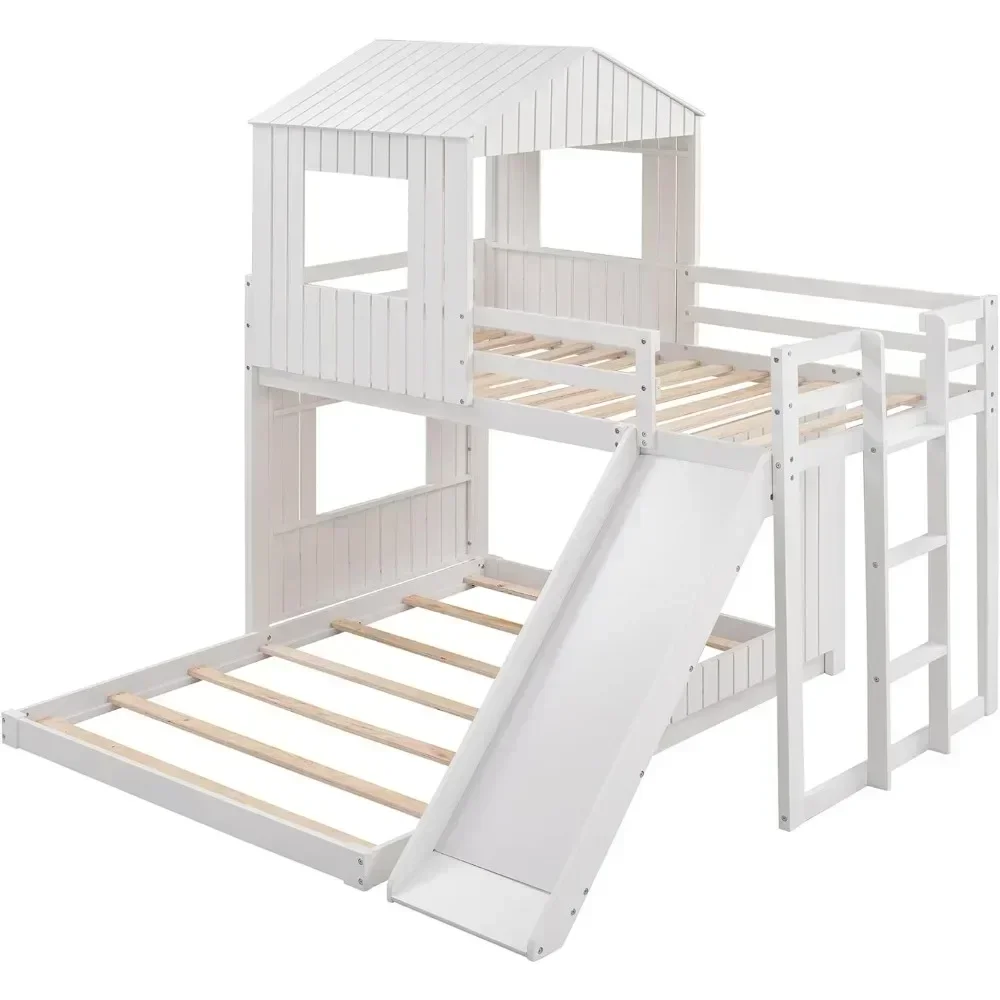 Bunk Beds with Slide, Wood with Roof and Guard Rail for Kids, Toddlers, No Box Spring Needed, Beds Bedroom Furniture