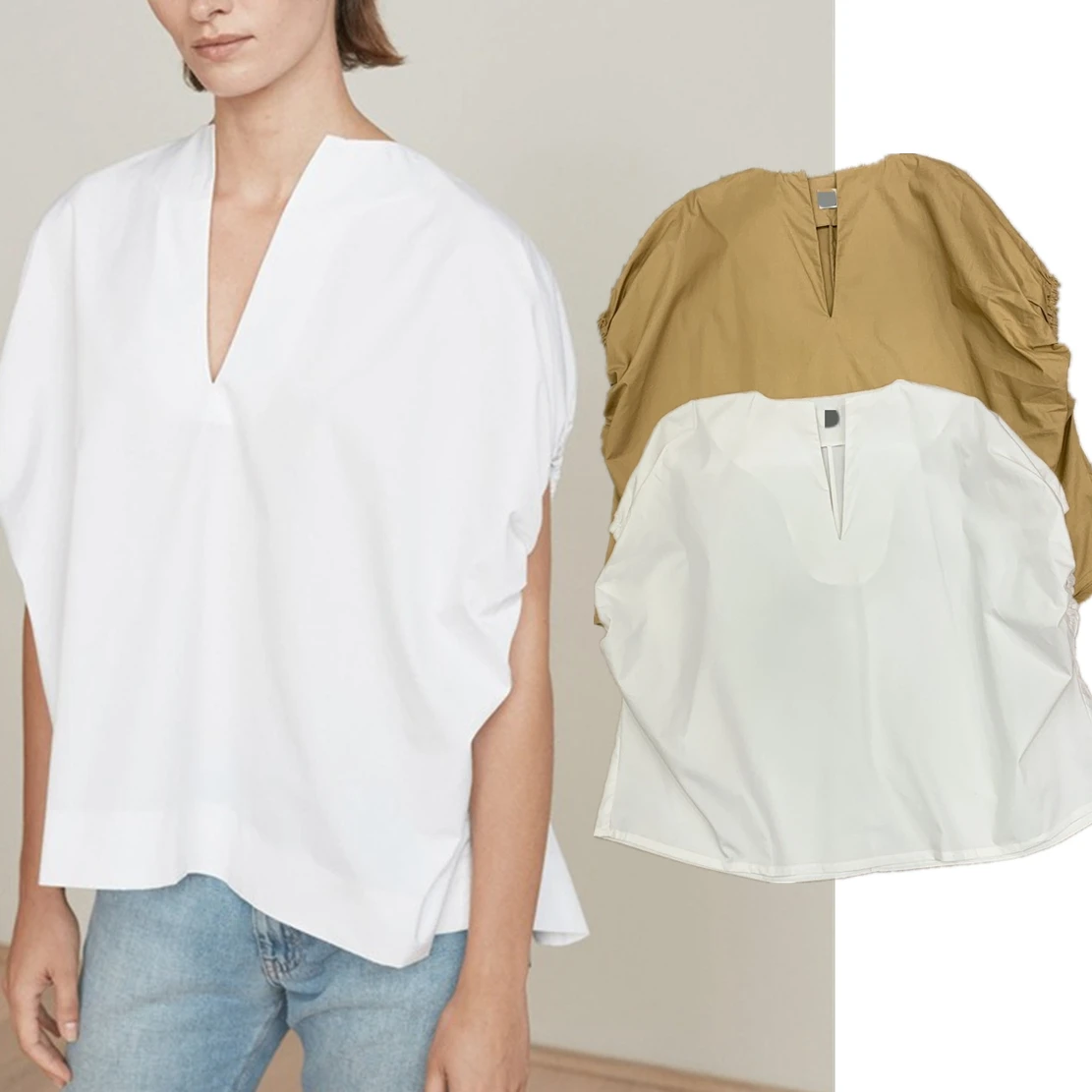 

Withered For 2024 High Quality Design Cotton Minimalism Shirt Women Tops French Fashion V-neck Blouse Women