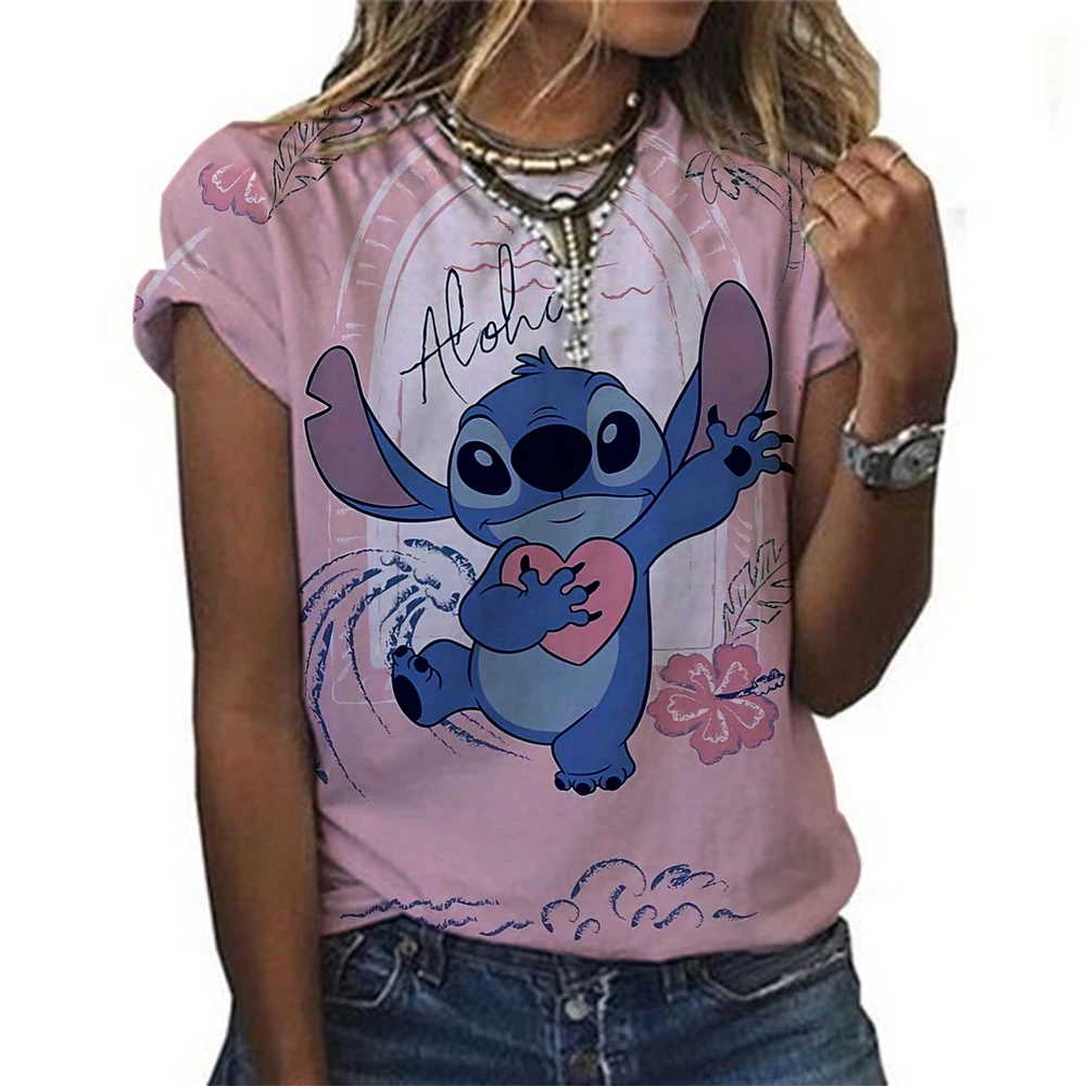 Kawaii Lilo Stitch Print T-shirts Tops for Women Lady Summer Children T-shirts Casual O-neck Ohana Stitch Disney T-shirts