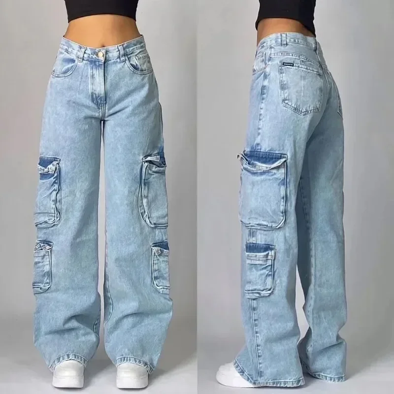 กางเกงยีนส์ทรงแบ็กกี้วินเทจยุค90 celana jeans denim สเกตบอร์ดโบราณ Y2K สตรีทฮาราจูกุสีฟ้ามีหลายกระเป๋า