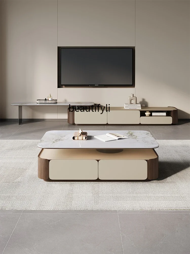 

X Rotatable Rock Slab Coffee Table for Small Homes, Vintage Style, Light Luxury TV Cabinet Set