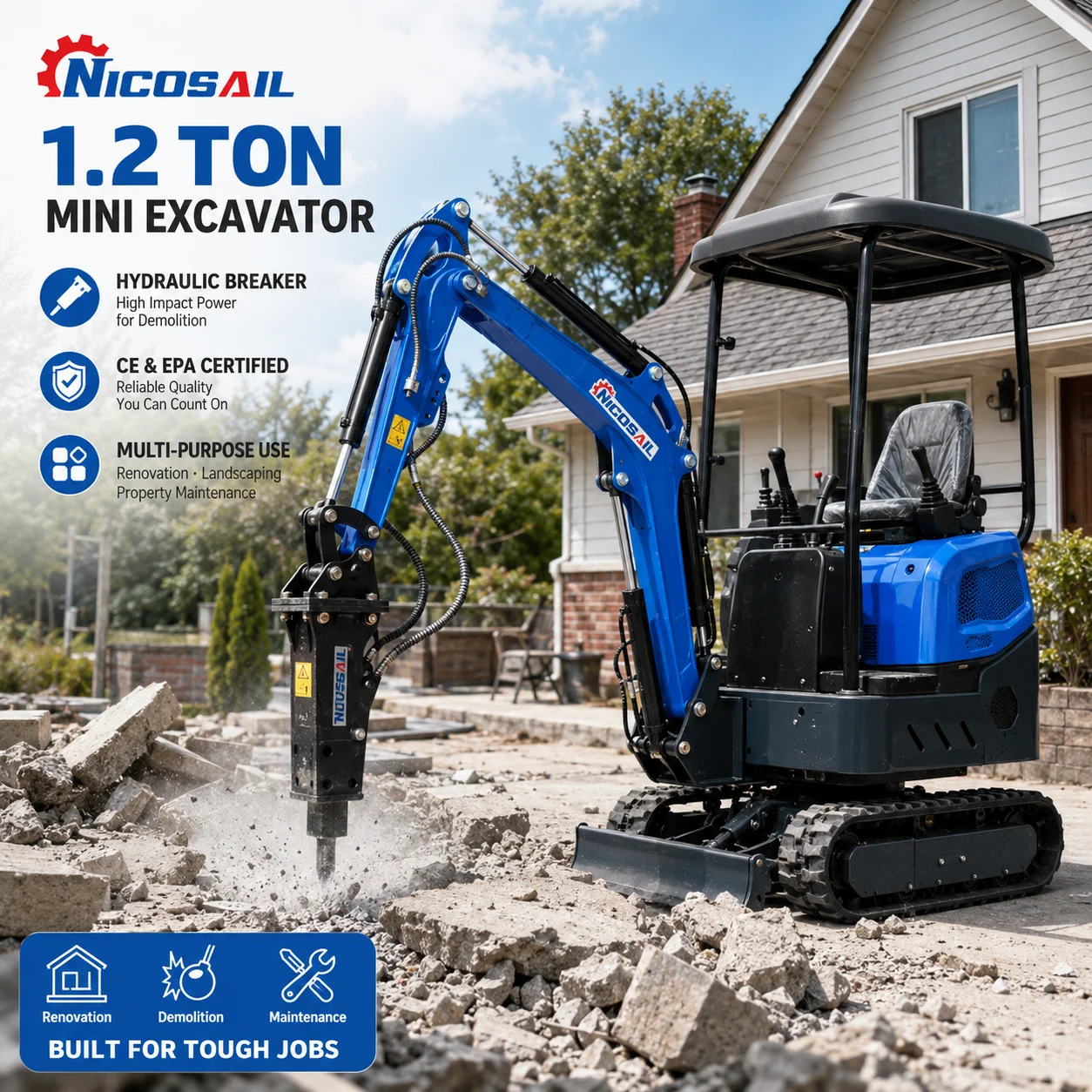 OEM Custom 1.2 Ton Mini Excavator CE EPA Certified for Backyard Renovation, Landscaping and Property Maintenance