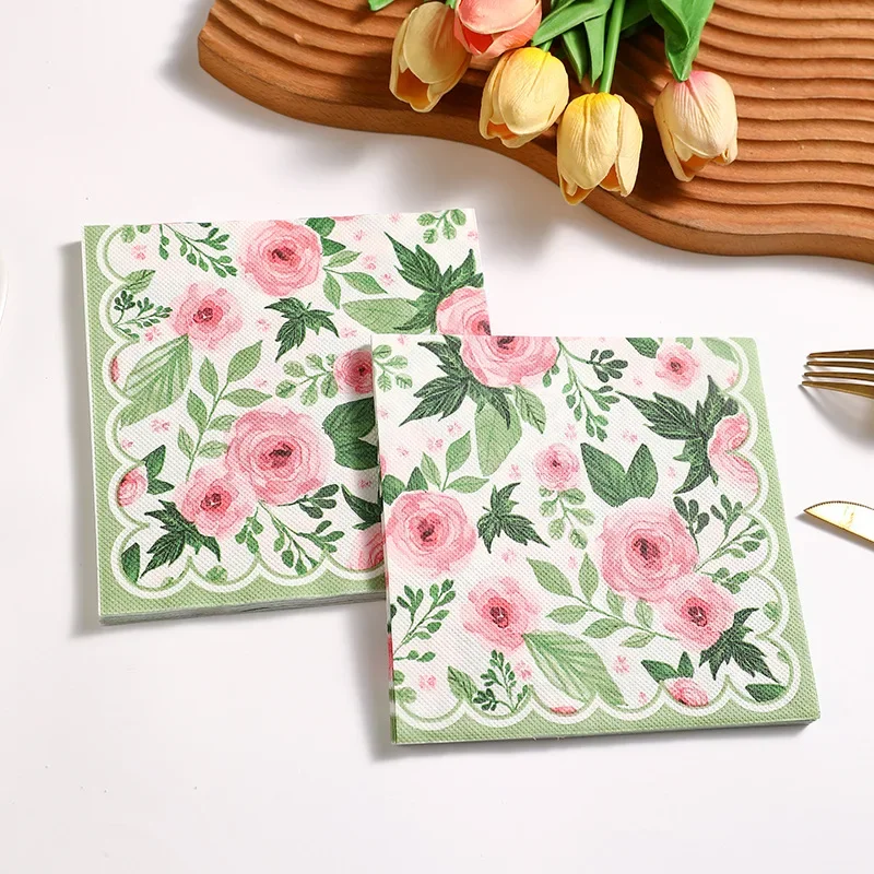 20Pcs 2Ply 33cm Floral Napkins Pink Roses Green Leaves Scalloped Edge Disposable Paper Napkins for Decor