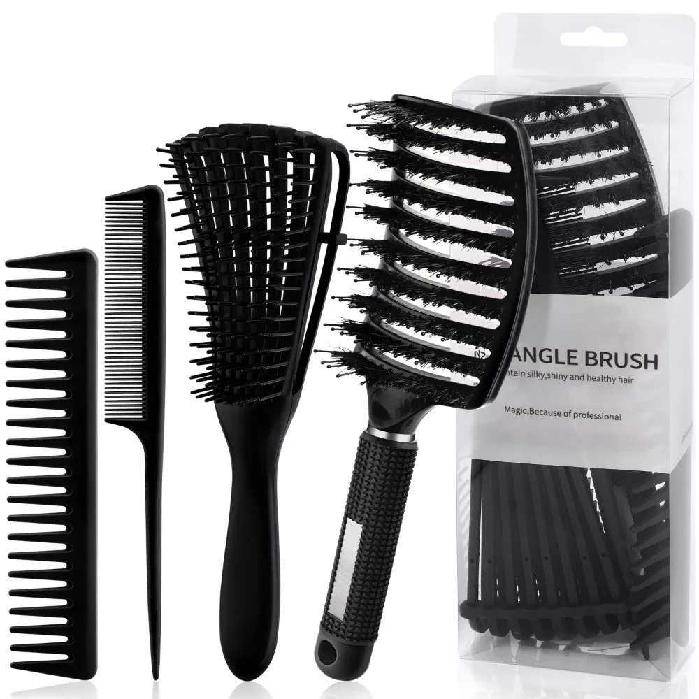 

4pcs Curly Hair Brush Set for Adult & Kids Wet or Dry, Detangling Brush for 3/4ABC Hair with Wide Tooth Comb