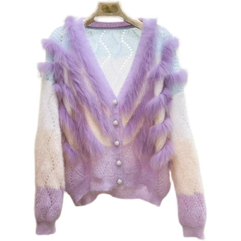 

2023 New Women Spring Purple Sweater Thin Real Fox Fur Outside Decoration Oversize Loose Lady's Fashion Thin Sweater Coat