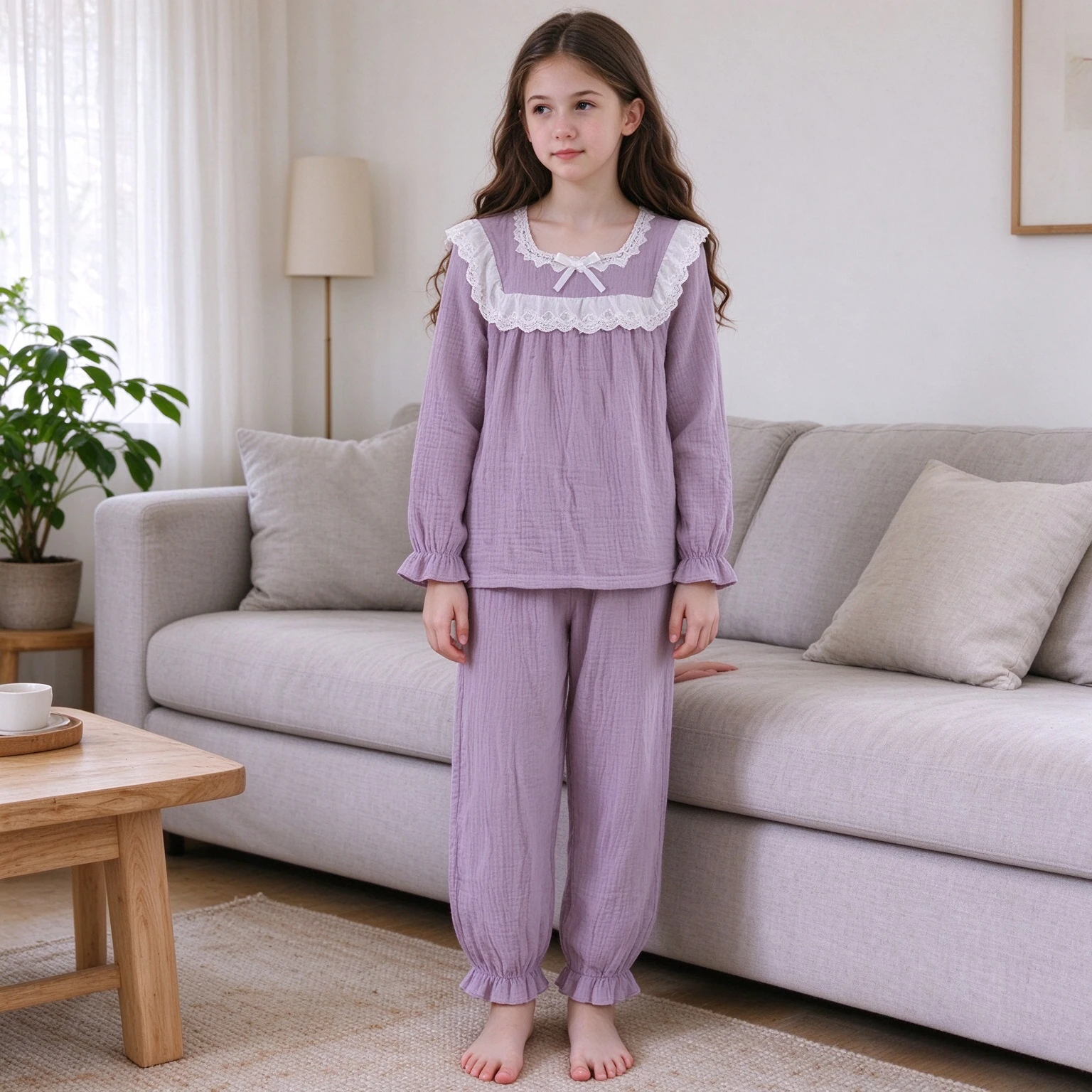 Teen Pajama Girls Princess Pyjama Set French Style Double Layer Gauze Cotton Lace Ruffle Collar Sleepwear 2Pcs Kids Sleepwear