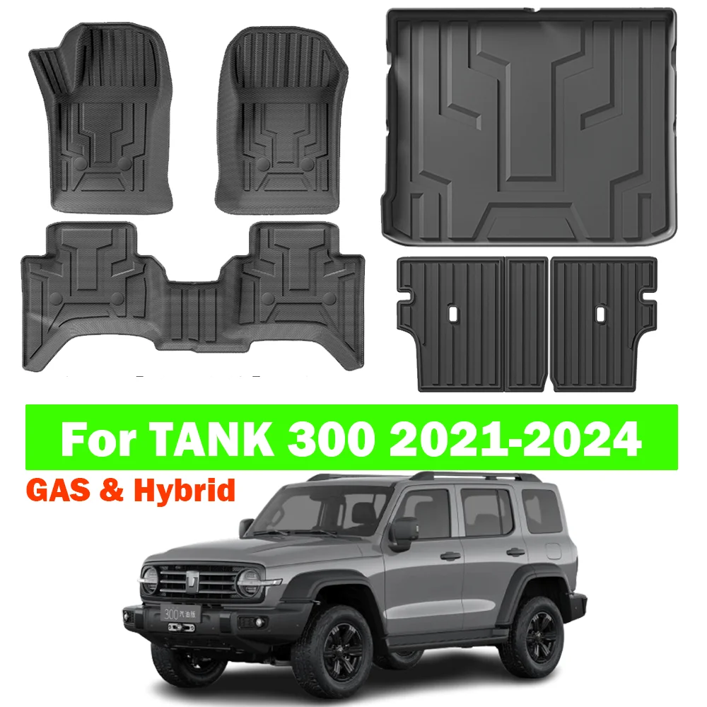 

For GWM WEY TANK 300 2024 2023 2022 2021 TPE Floor Mats (Gas & Hybrid), All Weather Waterproof Full Set Trunk Mats & Cargo Liner