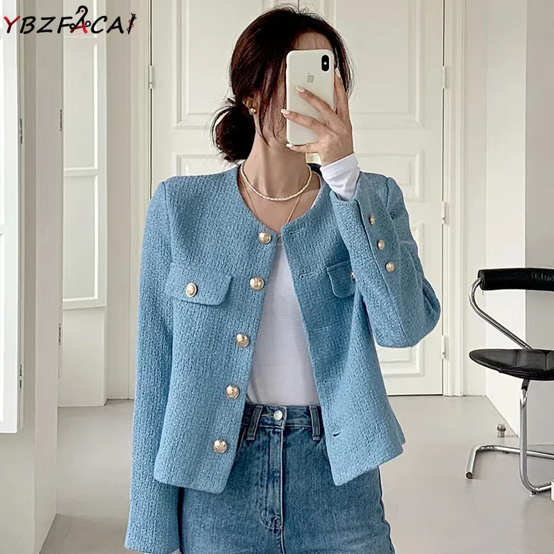 2023 Luxury Jacket White Women\'s Spring Blue Tweed Jacket Green Tweed Jacket Black Short Coat Metal Single Breasted Cropped Top