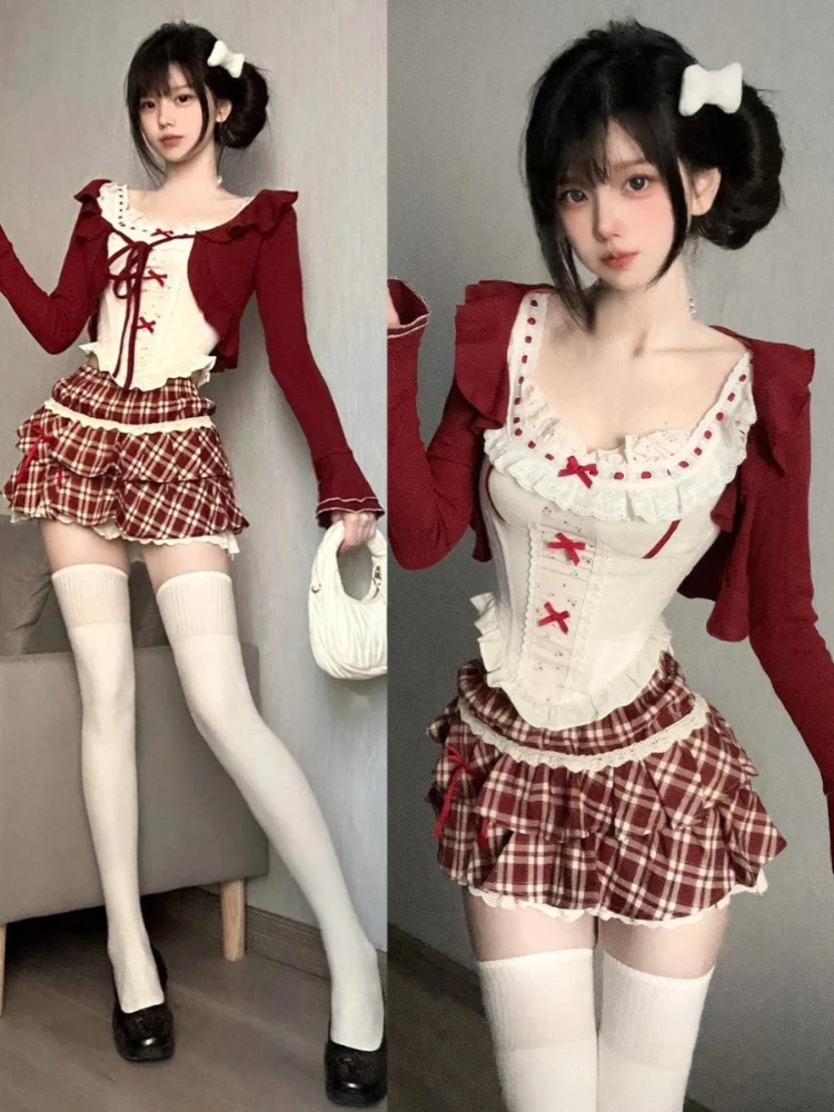 Japanese Sweet 3 Piece Set Outfits Women Causal Short Cardigan + Cute Lace Floral Bow Vest + Kawaii Plaid Mini Skirt 2024 Summer