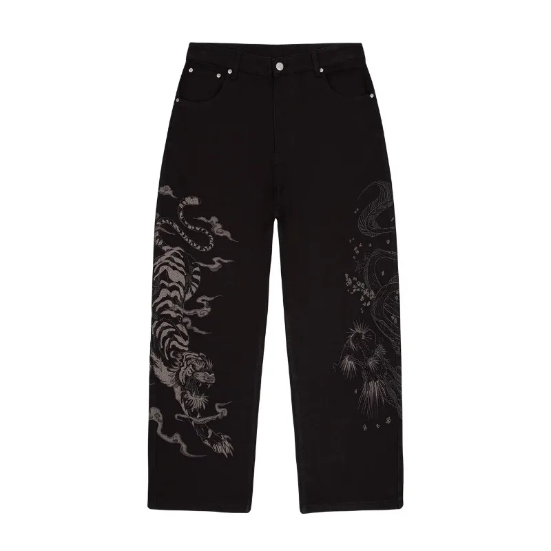 Derschutze série yakuza jeans preto y2k retro lavado calças de perna larga moda impressa couro gótico baggy baixo unisex jeans