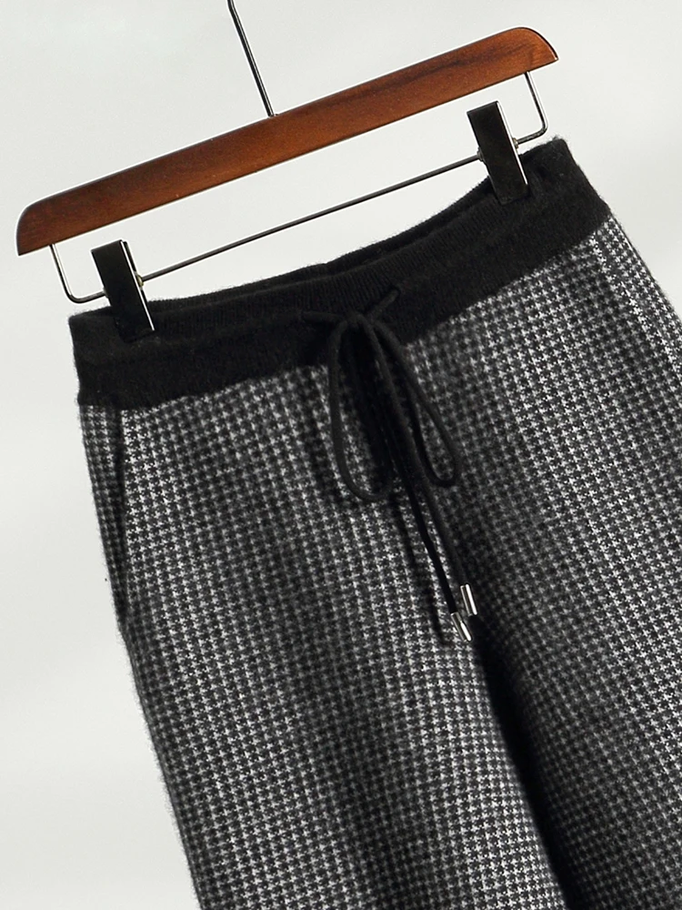 Men's 100% Cashmere Wide Leg Pants Autumn Winter Jacquard Thicken Trousers Casual Knitted Houndstooth Pockets Drawstring Pants