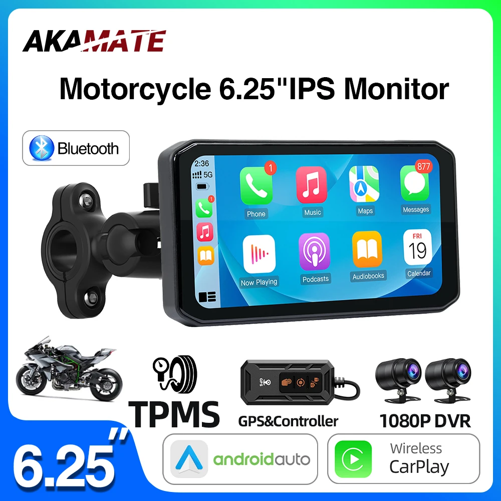 6.25inch Motorcycle CarPlay Android Auto Recorder Navigation Monitor with Remote Control DVR Bluetooth BSD Vehicle Speed Display