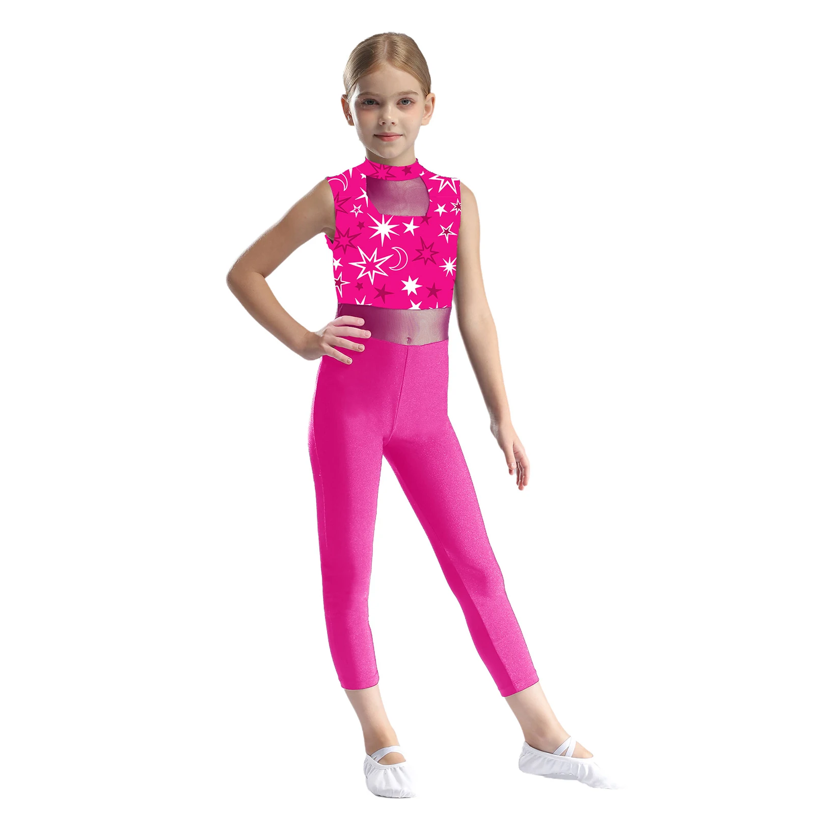 Kids Girls Ballet Gymnastic Athletic Jumpsuit Sleeveless Print Crisscross Back Unitards Figure Skating Dance Performance Costume