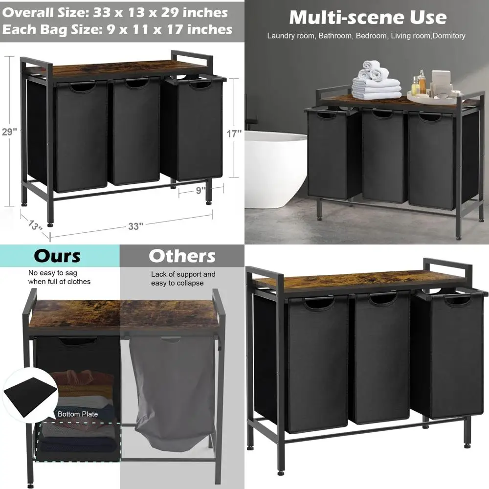 

3-секционная корзина для стирки белья с деревянной полкой, компактное хранилище для дома, общежития, 8 галлонов, черный
