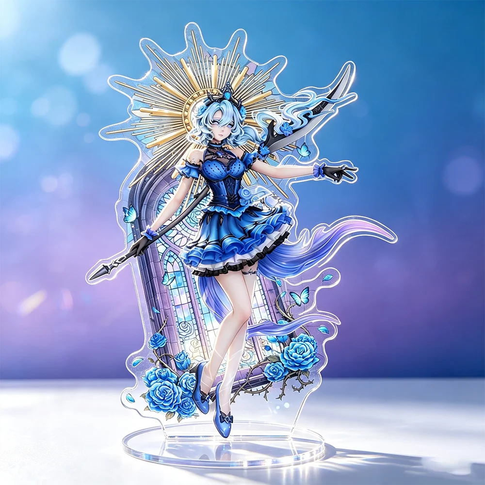 Single Blue Lolita WarriorGirl Acrylic StandStained Glass Blue Rose Butterfly DesignClearRoundBaseDesktopDisplay Collection Gift