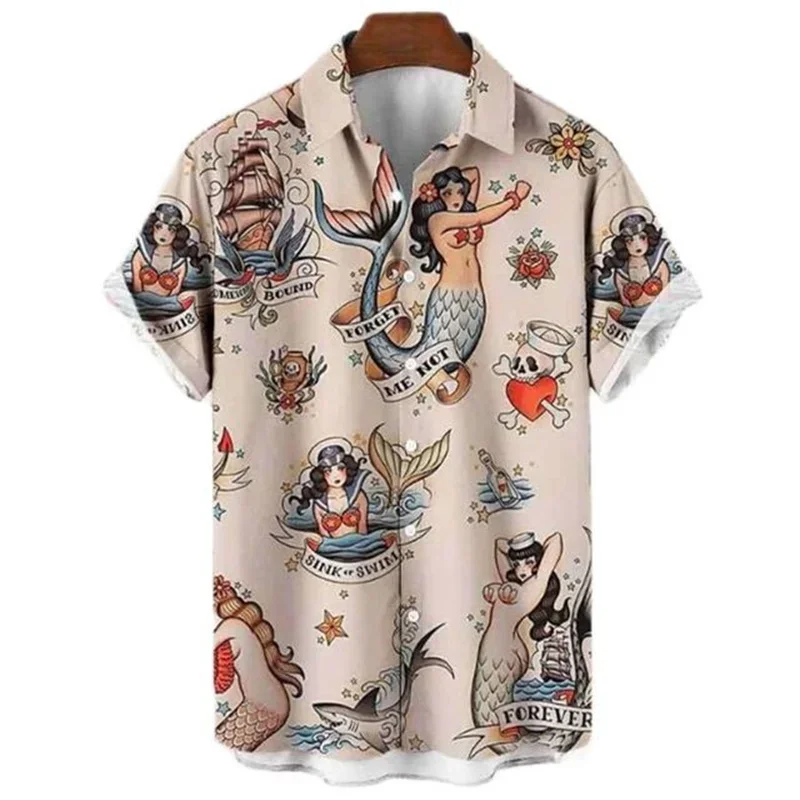 2024 Summer Oversized Hawaiian High Quality Shirt Mens Designer Clothes Sailor Streetwear Mermaid Beach Outdoors Short Sleeve