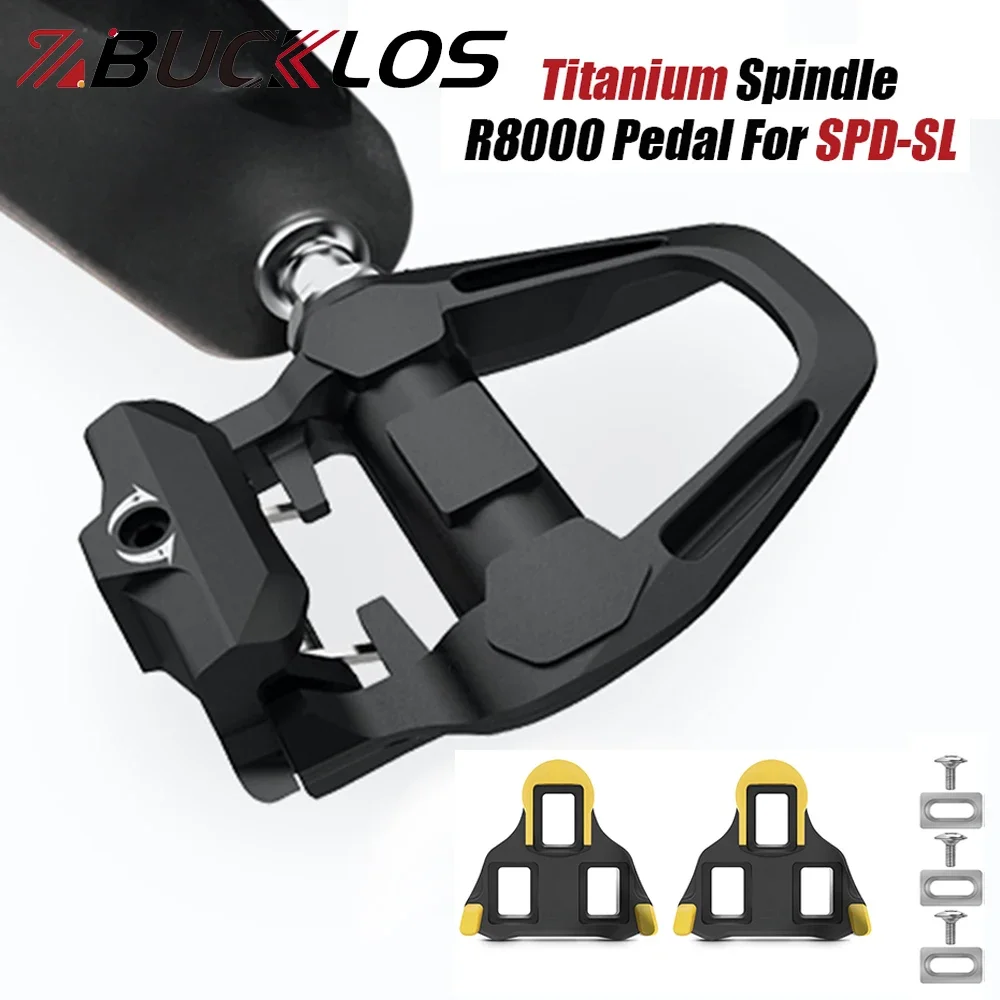 BUCKLOS Pedal de PD-R8000 de husillo de titanio para bicicleta de aluminio SPD-SL Pedal sin clip Pedal de bicicleta de carretera ultraligero con tacos