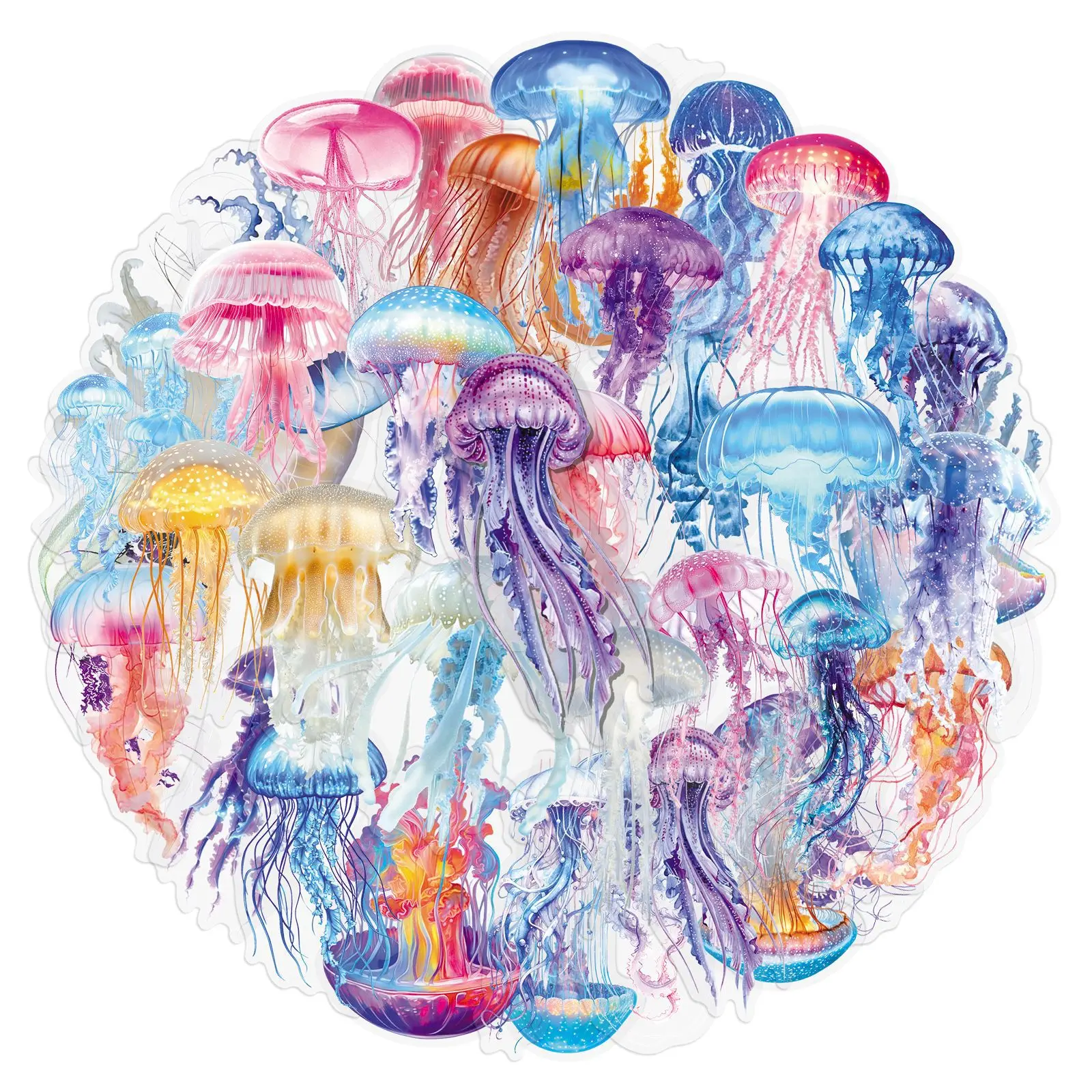 50 Pcs Jellyfish Cute Hand-Painted Doodle Personality Stickers For Guitar Refrigerator Desktop Headphone Waterproof Clear