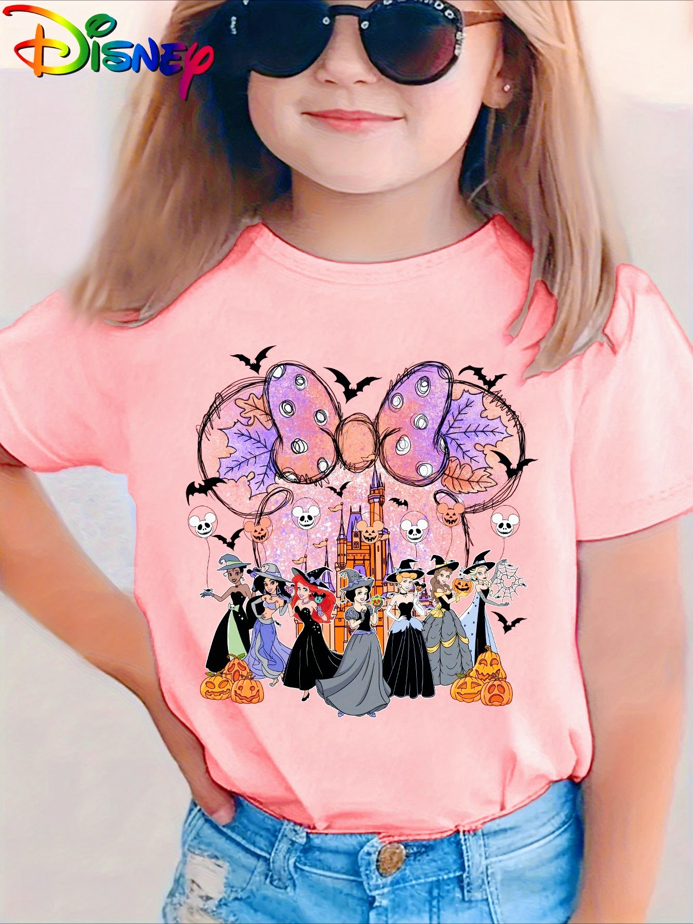تي شيرت مطبوع عليه أميرات قلعة ديزني للفتيات في الهالوين، قميص كاجوال مناسب للأم والابنة برقبة دائرية وأكمام قصيرة #3